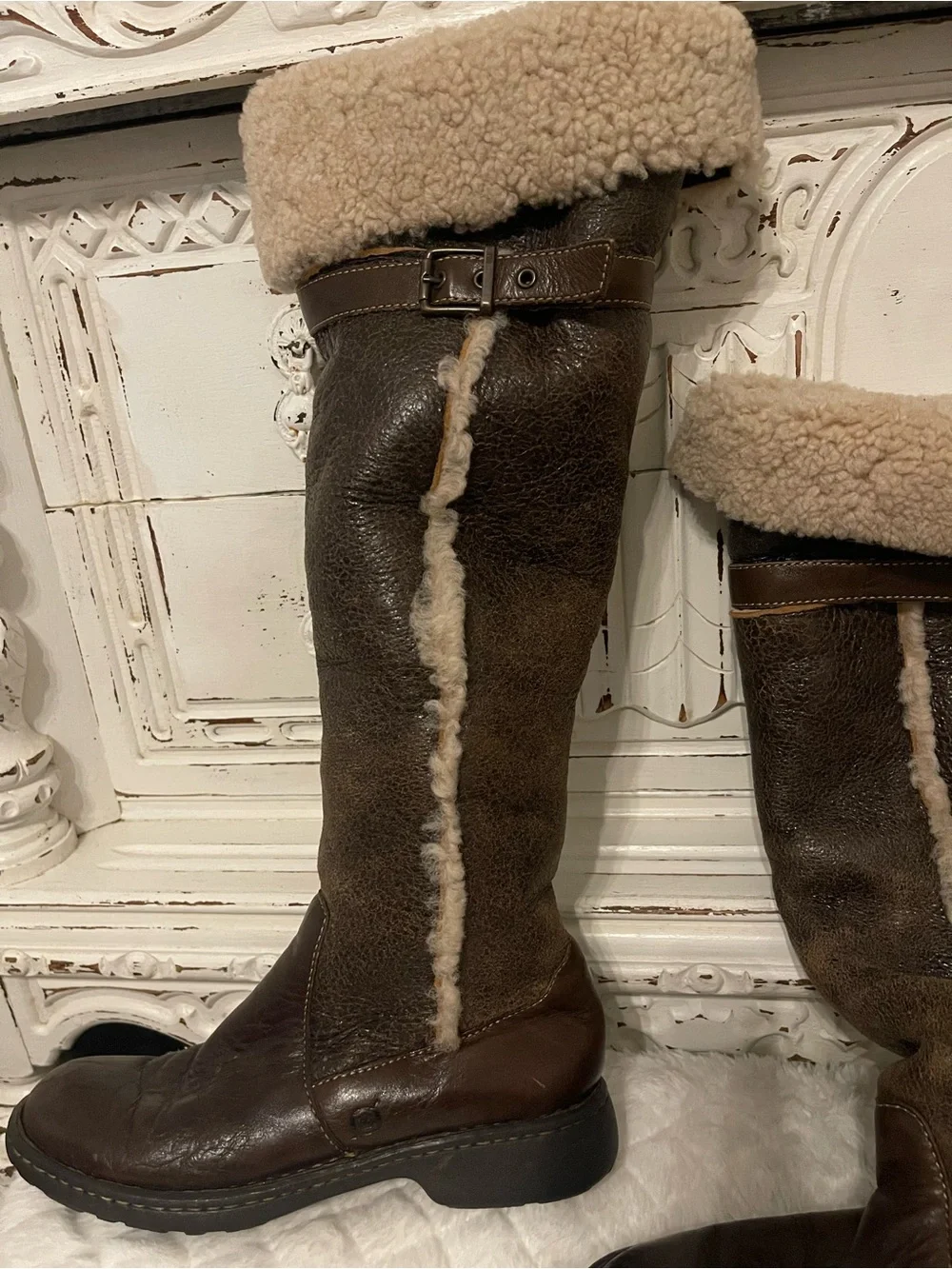 Born Brown Leather Knee High Shearling Boots